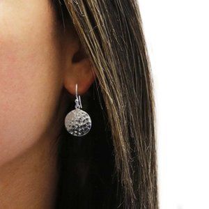 Silver Disc Earrings Textured Metal Round Drop